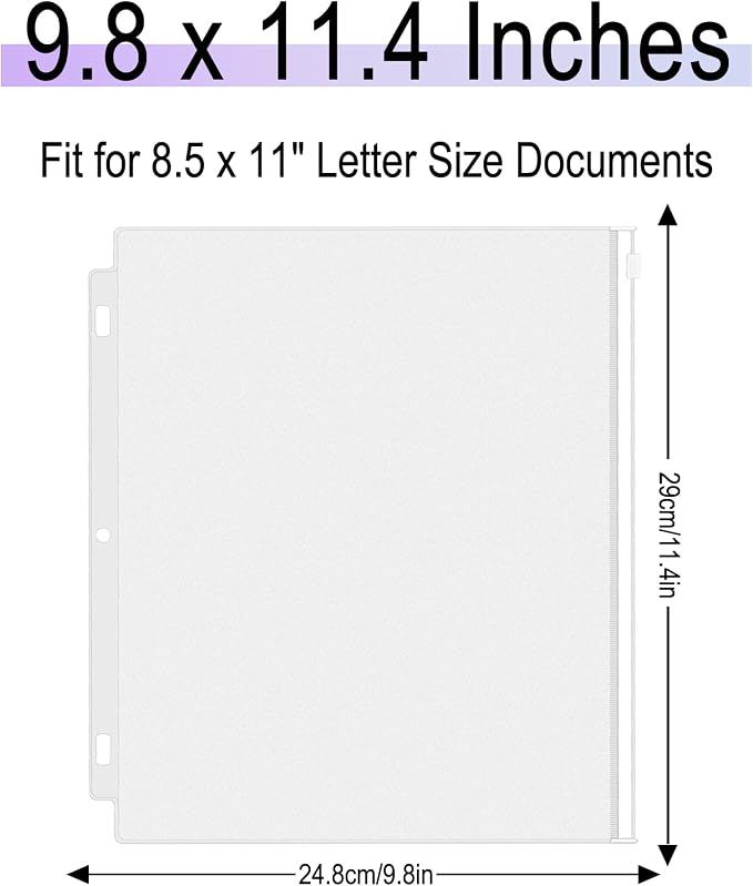 18 Pack Clear Letter Size Binder Pockets 3 Ring Binder Zipper Pouch Document Organizer, Waterproof PVC 3-Hole Loose Leaf File Bags Insert Sleeves Page Sheet Protectors Business Office Supplies