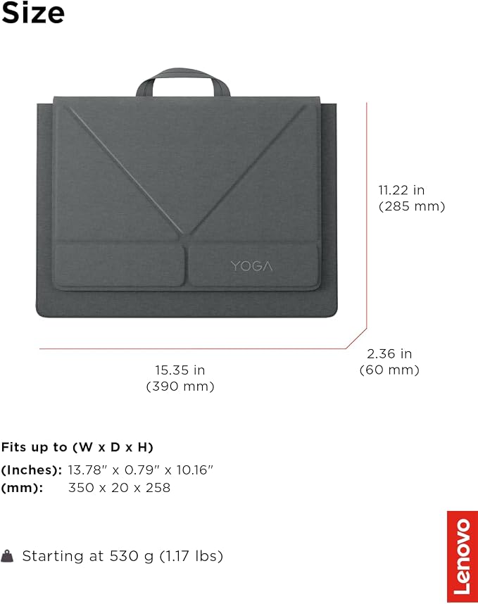 Lenovo Yoga Tote Sleeve Case for Laptops with 16-inch Display, Multi-Compartment Organizer with Convertible Stand, Lightweight Protective Polyester & Microfiber Sleeve, Luna Grey