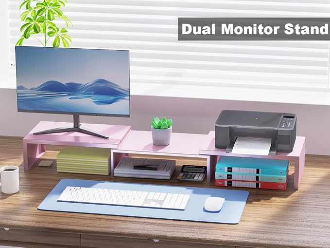 Dual Monitor Stand Riser | Monitor Stand for Desk, Metal Computer Stand, Desk Shelf Riser,Desktop Organizer for Home and Office Use (Pink)