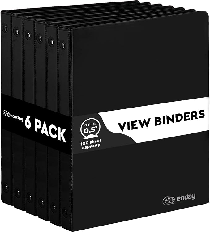 Enday 1/2 inch Binder 3 Ring Binder (6 Pack - Black) O-Ring Binder with Clear View Cover and 2 Inside Pocket - for Letter Size 8.5 x 11'' Paper, Ideal for School Supplies, Office, and Home