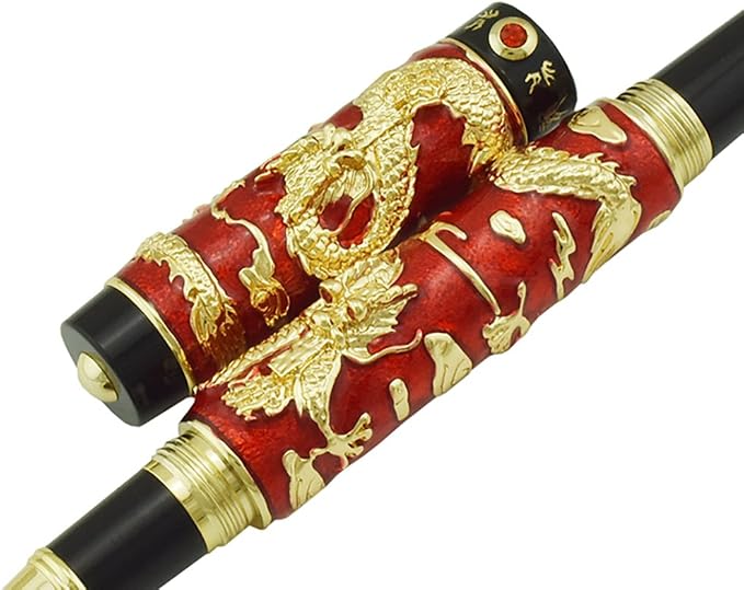 Jinhao Double Dragon Rollerball Pen Red Cloisonne Enamel Handcraft for Signature and Collection