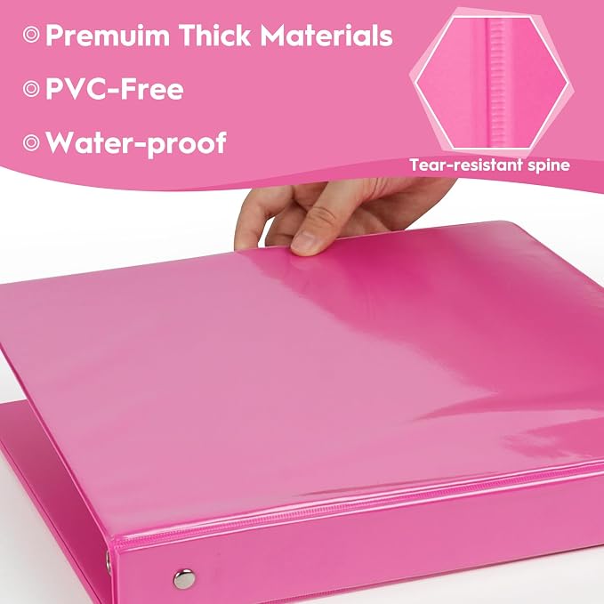 CIXILDTS 3 Ring Binders, Standard Round Ring Binder Fit Letter Size Paper, Presentation 1-Inch Binders, 6-Pack, Pink