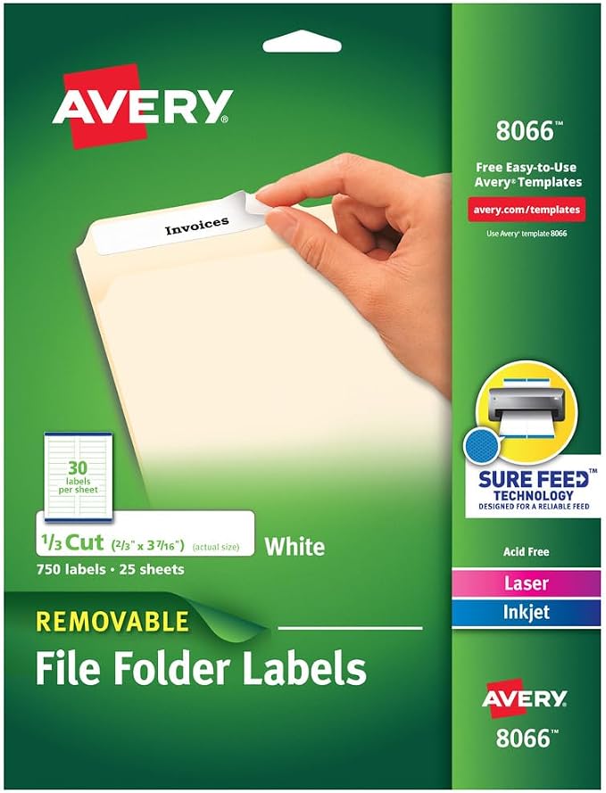 Avery File Folder Labels with Sure Feed, 2/3" x 3-7/16", 750 Printable Labels, Removable, White (8066)