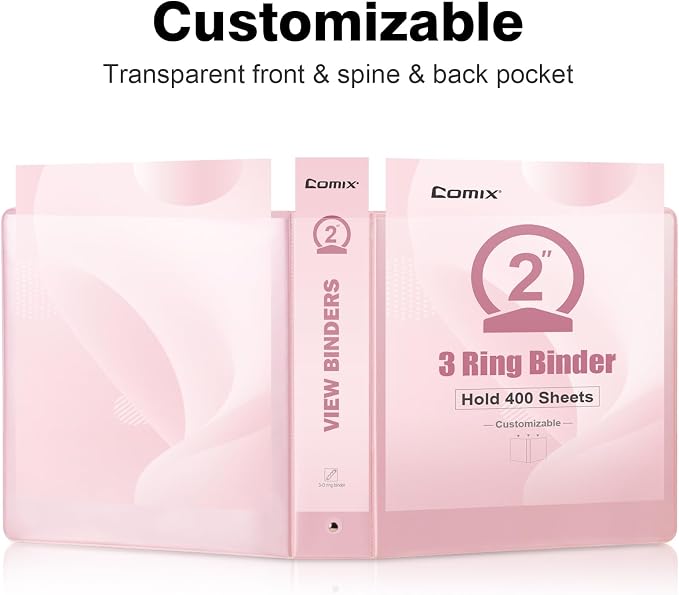 COMIX Sturdy Standard 2 Inch 3 Ring Binder with Clear View Cover | 2"Round Ring,PVC-Free,Holds 400 Letter Sheets,Morandi Multicolor for Students & Office,6 Pack (Pink)