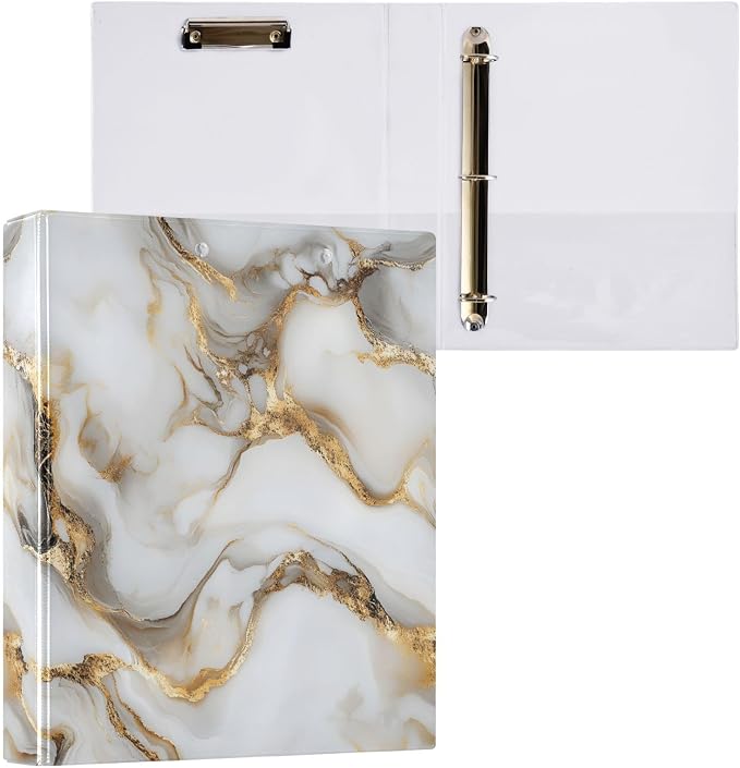 White Marble Gold Pattern 3 Ring Binder 1.5 Inch 1 Pack with 200 Sheet for Kids School Supplies Women Men Office