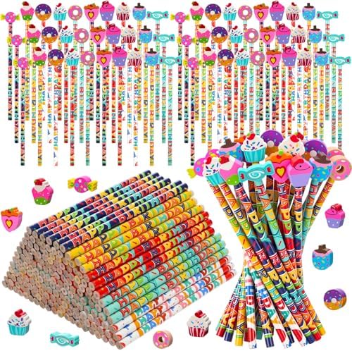 Kosiz 300 Piece Happy Birthday Pencil Party Favor Set, 150 Birthday Pencils with 150 Cake Eraser Toppers, Bulk Game Rewards Prize, Goodie Bag Stuffers, Party Supplies