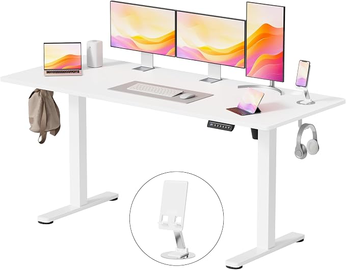 YESHOMY Height Adjustable Electric Standing Desk, 63 x 24 Inches Memory Home Office Sit Stand up Desk with Phone Holder and USB Charging Port, White