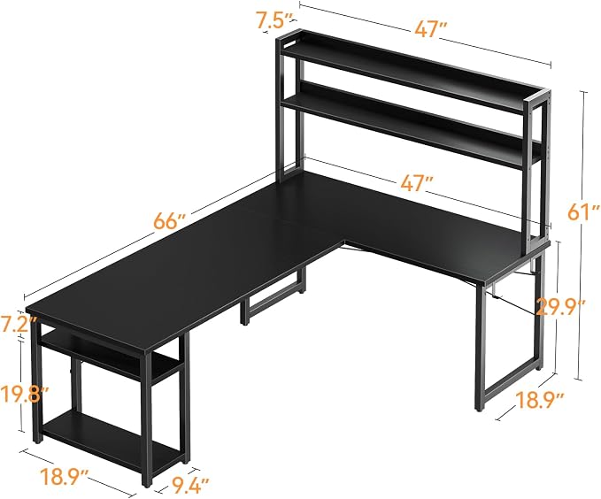 ODK L Shaped Gaming Desk with Hutch, Computer Desk with Storage Shelves, 66" L Shaped Desk for Home Office, Corner Desk with Headphone Hook, Black | Computer Desk with Storage Shelves, L Shaped Desk for Home Office, Black Corner Desk
