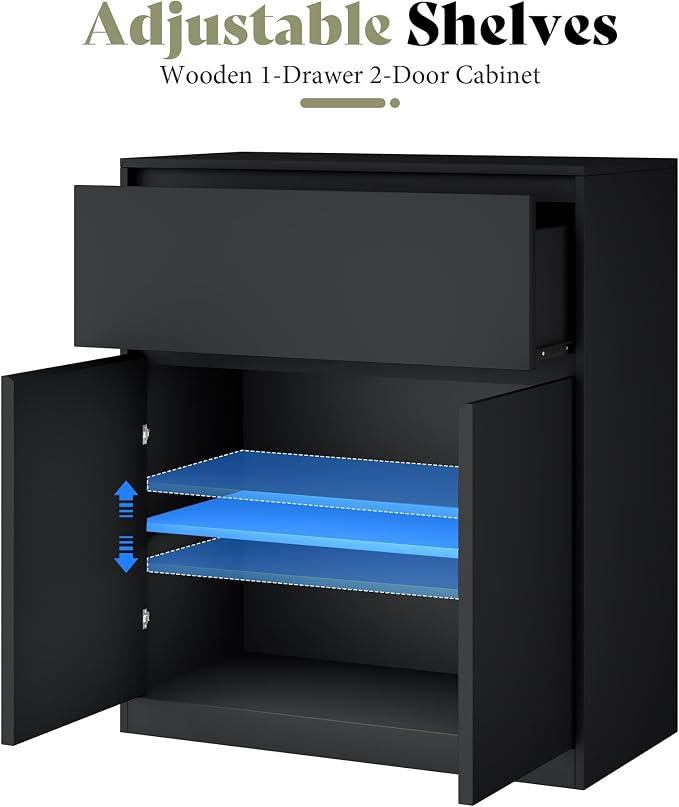 AMERLIFE Storage Cabinet with 2 Doors, 32 x 16 x 36 Inch | 1-Tier Storage Case and Modern Display Shelf for Collectibles, Black