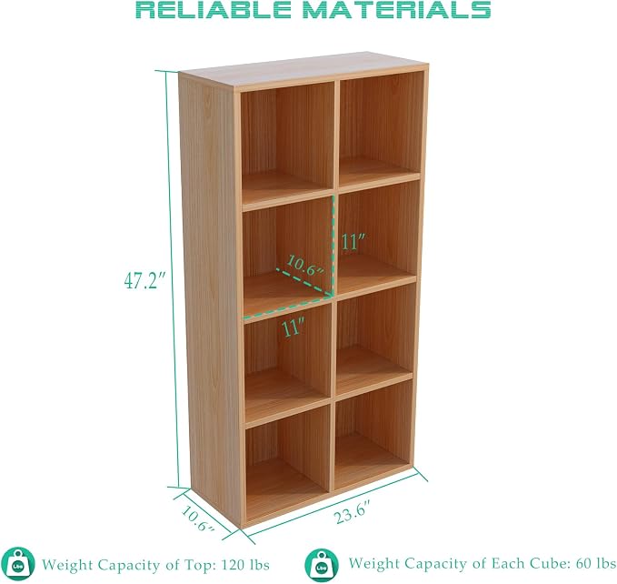 8-Cube Storage Shelf Bookcase, Oak | Wooden 4-Tier Open Bookshelf, Fits 11×11" Bins, Vertical or Horizontal Use, Full Back Panels, For Home Office