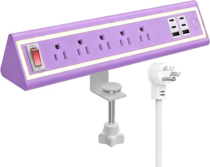 Desk Clamp Power Strip with Nightlight, 40W Fast Charging, 6FT Extension Cord, 4x20W USB-C & 2 USB Ports, 5 AC Outlets, Fits 1.69-Inch Table Edges