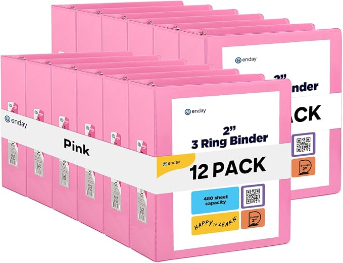 Enday 2 inch 3 Ring Binder (12 Pack - Pink) Binder 2 inch with Clear View Cover and 2 Inside Pocket - for Letter Size 8.5 x 11'' Paper, Ideal for School Supplies, Office, and Home