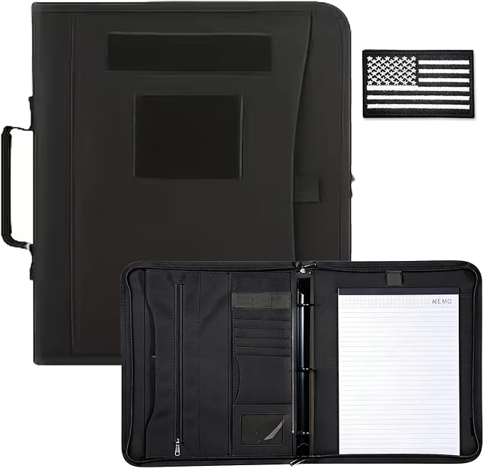 Zippered Padfolio and Tactical Notebook Cover with A4 Letter Paper, Military Multi Storage Handle Bag, Large Binder Planner for Men and Women for Out Work, Travels, Office & School, Black
