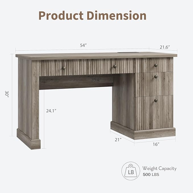 Garvee 54" Fluted Home Office Desk with File Drawer for Home Office | Modern Executive Desk with Charging Station, Wooden Computer Writing Desk for Study Room, Grey