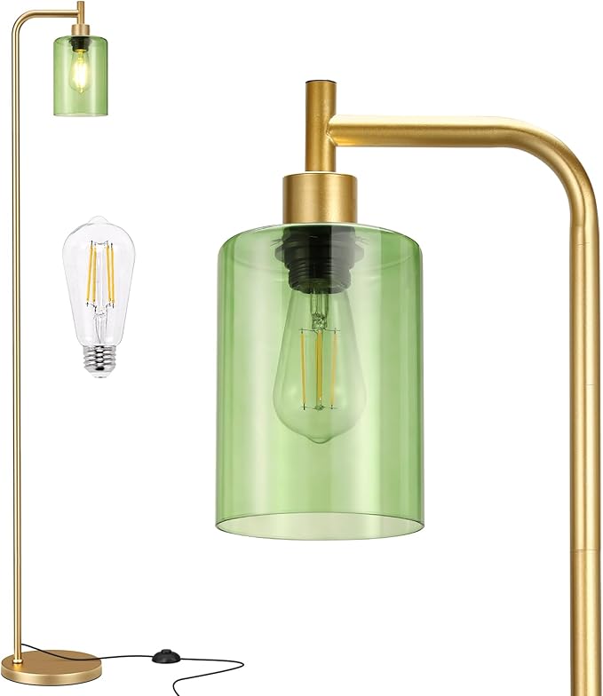 Ziisee Floor Lamps for Living Room - Industrial Standing Lamp with Green Glass Shade, Modern Gold Floor Lamp with LED Bulbs, Farmhouse Floor Lamp for Bedroom, Tall Lamp for Office