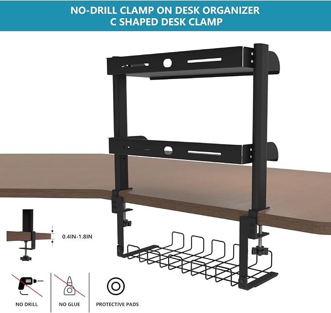 Clamp on Desk Shelf,3 Tier Desktop Organizer,Adjustable Clamp on Desk Top Organizer with Under Desk Hidden Storage Basket&Hooks,No Drilling Desk Clamp Storage Shelves for Working Gaming Accessories