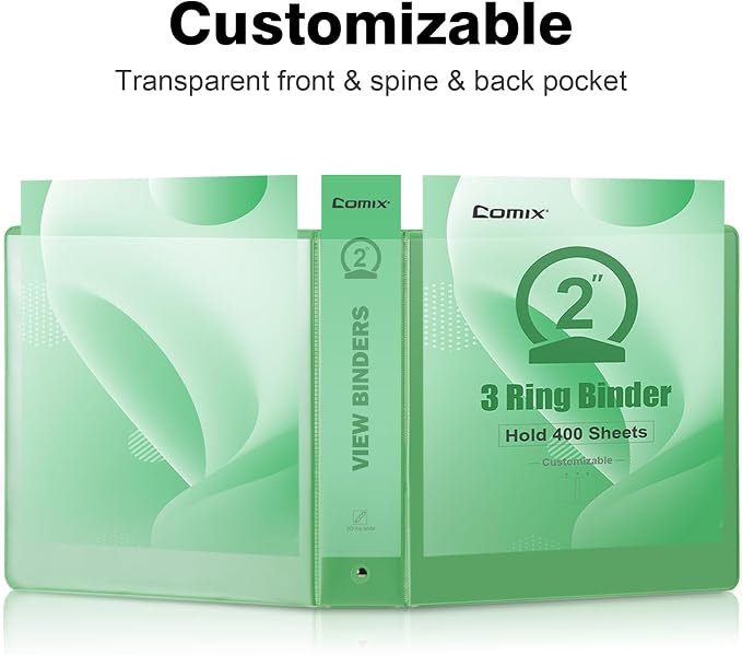 COMIX Sturdy Standard 2 Inch 3 Ring Binder with Clear View Cover | 2"Round Ring,PVC-Free,Holds 400 Letter Sheets,Morandi Multicolor for Students & Office,6 Pack (Sea Green)
