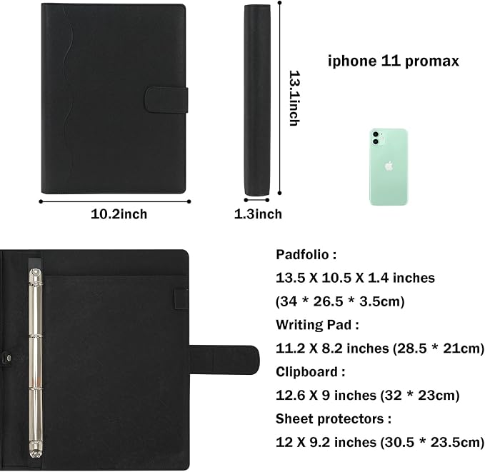 Wonderpool A4 PU Leather 3 & 4 Ring Holder Writing Portfolio Multi Document Case with Removable Binder Clipboard and Functional Pocket for Organizer Office Travel School (Black)