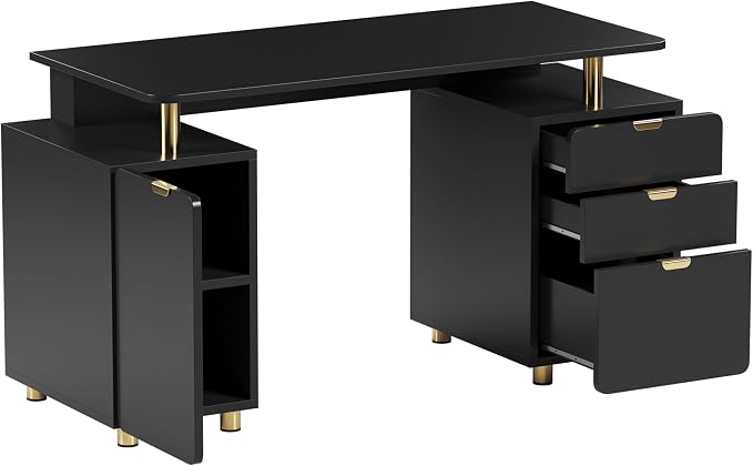 Techni Mobili 57"W Computer Desk w/ 3 Drawers & Storage Cabinet, Black/Gold | Home office workstation, durable construction, everyday productivity, Ideal for home office, Workspace organization