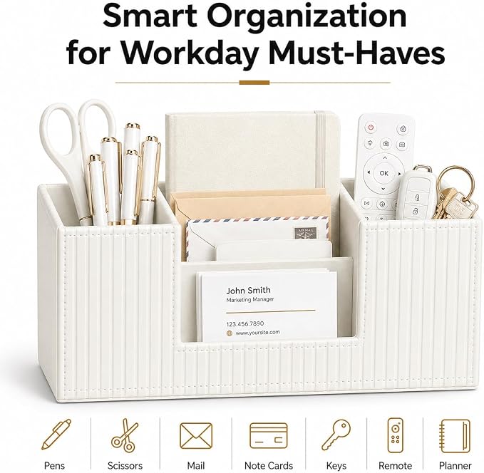 GORESE Pen Organizer for Desk, PU Leather Office Pen Holder, Ivory White | 4-Compartment, Vegan Leather, Office Supplies, Desk Caddy Nightstand Organizer for Pen, Pencil, Remote Control, Business Card