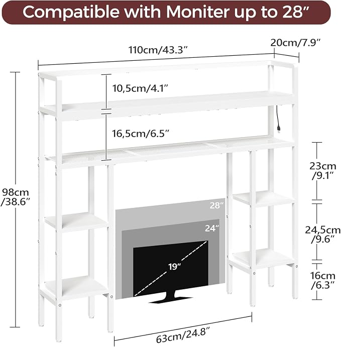 MAHANCRIS Desk Shelf, 43.3" Desk Hutch with Light Strip | Office Desktop Organizer, 5 Tier Desktop Bookshelf for Computer Monitor, Storage Rack for Study, Home Office, White