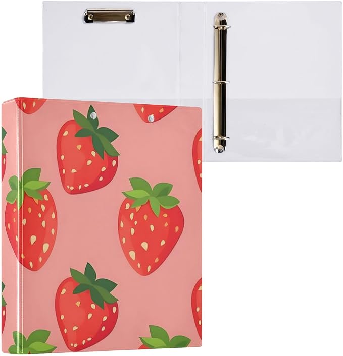 3 Ring Binder Strawberry Berry Red Fruit 1.5 inch Binders Three Ring Binders with Clipboard Fit 8.5'' x 11'' Paper 3 Interior PVC Clear Pockets for Office Supplies