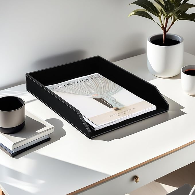 Letter Tray, PU Leather Paper Organizer Tray for Desk, Paper Organizer Storage Holder for Office Home or School A4 Size Black