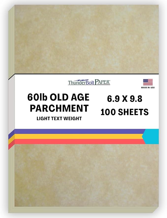 100 Old Age Parchment Paper for Writing - 24/60# Text Sheets - B5 (6.9X9.8 inches) European and Planner Size - Not Card Weight - Vintage Colored Old Parchment Look