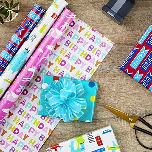 Hallmark Kids Birthday & Spring Wrapping Paper Bundle (6 Rolls: 195 Sq. Ft. Ttl) Monsters, Unicorns, Polka Dots, Floral, Lemons, Abstract