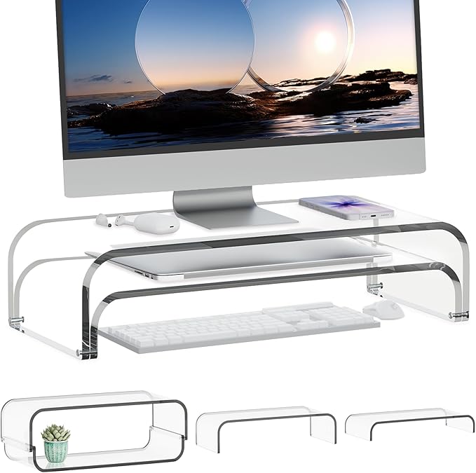 Acrylic Dual Monitor Stand Riser 2 Tier, Modular Laptop Stand for Desk, Multifunctional Desktop Organizer Shelf for PC, iMac, Printer, Detachable Monitor Stand for Office or Home, Clear