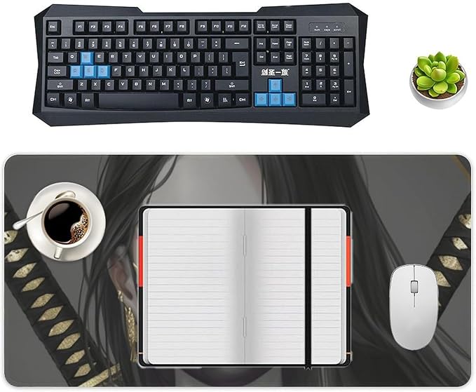 Large Mouse Pad Gaming Aesthetic Anime Girl Japanese Samurai Portrait Big Computer Desk Mat Desk Pad for Keyboard and Mouse Mat Non-Slip Base 30x60cm