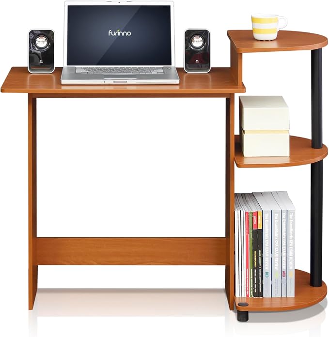 Furinno Compact Computer Desk with Shelves, Round Side, Light Cherry/Black