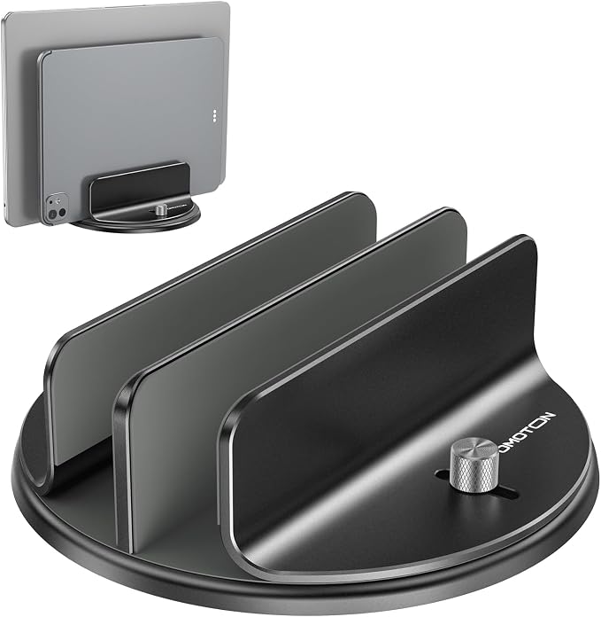 OMOTON 360° Vertical Laptop Stand Holder, Dual-Slot Aluminum Desk Organizer | Sides Knob Adjustment (No Lost Screws), Fits MacBook, iPad, Phones, and Tablets, Non-slip silicone, up to 17.3"