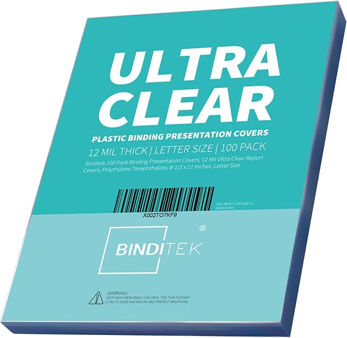 Binditek 12 Mil PET Binding Covers, 8.5 x 11 Inches, Ultra Clear, 100 Pack | Plastic PET Binding Covers, Letter Size, Ultra Clear, Square Corners, Unpunched, Ideal for Business Reports and Proposals