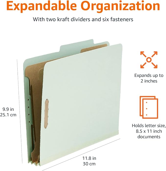 Amazon Basics Sturdy Pressboard Classification File Folders with Fasteners, Dividers, 2" Expansion for Documents Organization, 11.97 x 10.55 inch, Green, 20-Pack