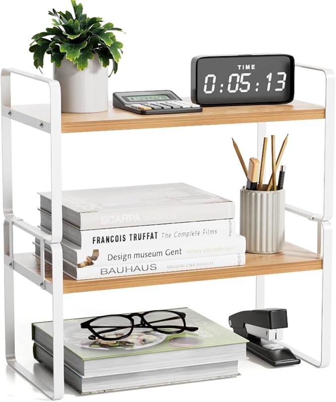 YGYQZ Desk Shelf Organizer, 2-Tier Desktop Bookshelf, White & Wood | Detachable Design, 2-Tier Storage, Multi-Use Desktop Shelf, Compact Organization, Ideal for Office, Dorm & Home