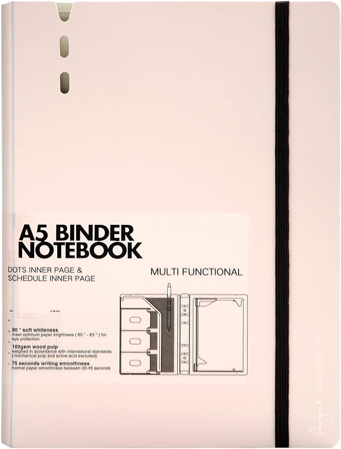 CAGIE A5 Binder 6 Ring Refillable Notebook with Dividers & Pockets | Daily Planning Square Ruled and Dotted Pages, Refill Paper Included, 6.89 x 9.25 In (Pink, A5 Daily & Dot Page)
