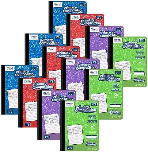 Mead Primary Composition Book, Primary Ruled Journal, Grades K-2, 7-1/2" x 9-3/4", 100 Sheets per Comp Book, Colors Will Vary, 12 Pack (610054-ECM)