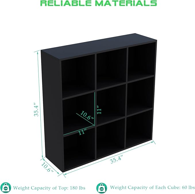 9-Cube Storage Shelf Bookcase, Black | Wooden 3-Tier Open Bookshelf, Fits 11×11" Bins, Vertical or Horizontal Use, Full Back Panels, For Home Office