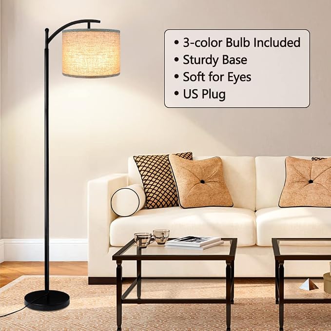 ROTTOGOON Floor Lamp with 3CCT LED Bulb, Gray Linen Lamp Shade for Living Room, Modern Standing Lamp for Bedrooms - Black