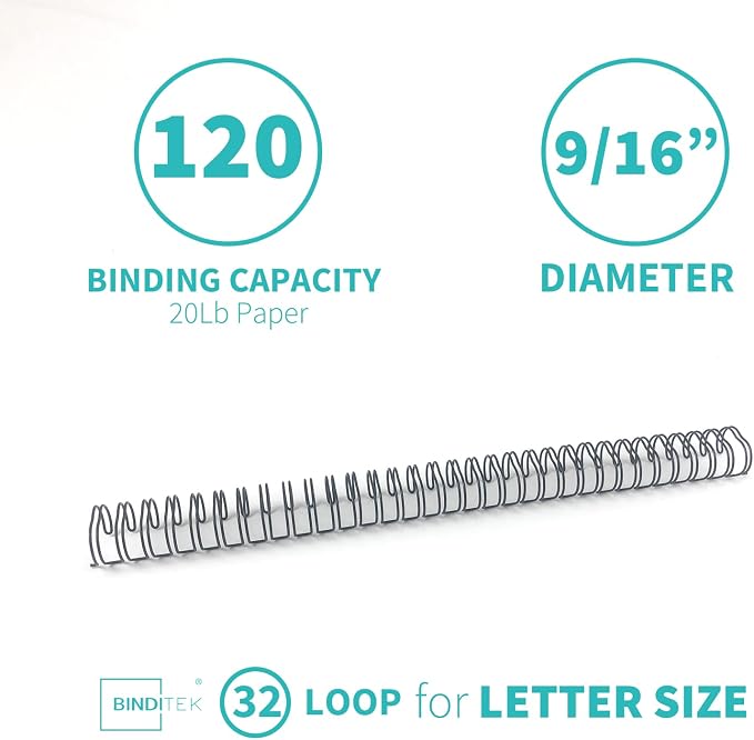 Metal Double Loop Wire Binding Spines, 9/16 Inch, 3:1 Pitch, Black 50 Pack | Wire Binding Spines for Letter Size, 32-Loop, 120 Sheet Capacity, for Reports, Manuals and Projects