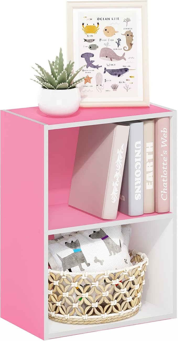 Furinno LUDER 2-Tier Book Shelf, Open Shelves Bookshelf, Pink/White | 9 x 16 x 21, Closed Back, Modern Bookcase, for Living Room, Bedroom, Home Office
