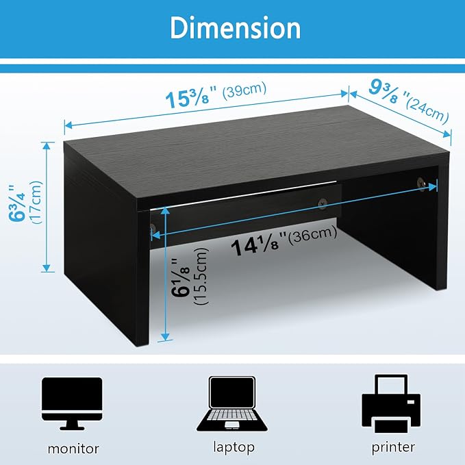 TEAMIX 6.7 inch Tall Monitor Stand Riser, Wood Shelf Riser, Desk Organizer | Laptop/Printer/Computer Stand, Extra Storage Underneath, Minimalist, Modern Design, Smooth Black Finish, for Home Office