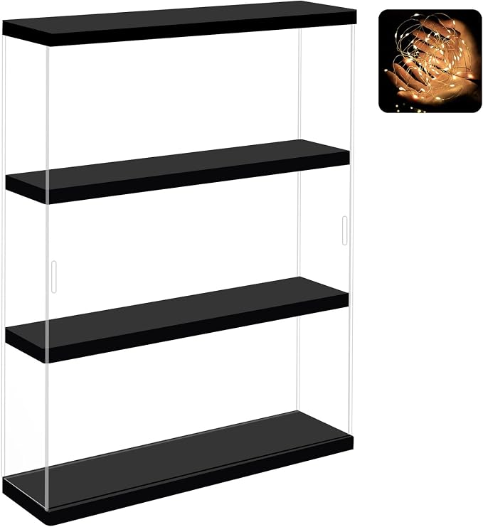 NONEMEY Clear Acrylic Display Case Stand 3 Tier Storage Box Wall Mount Showcase Dustproof Organizer Box for Collectibles (Black 3Tier 12×3.3×15inch)
