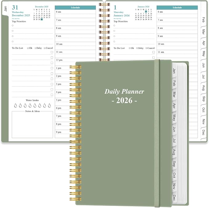 Daily Planner 2026 Full Page Per Day- 2026 Daily & Monthly Planner from January 2026 to December 2026, Day Planner 2026 with 12 Months Tabs, 6.4" x 8,5", Green