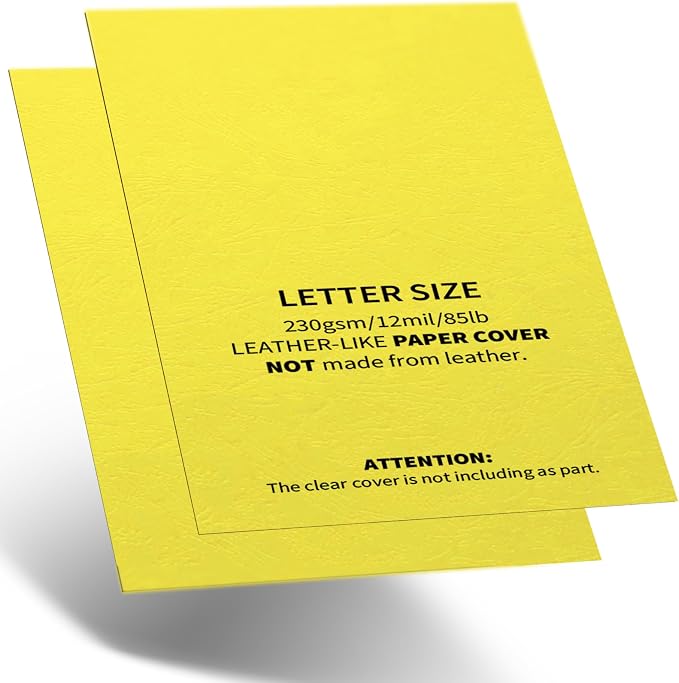 Binditek 12 Mil Paper Binding Covers, 8.5 x11 Inches, Yellow, 100 Pack | Grain-Texture, 8.5" x 11" Letter Size, 230 GSM, 85 lb, Square Corners, Unpunched, for Business, School Projects