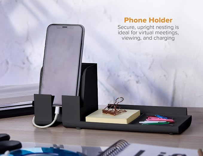 Bostitch Office Konnect Desk Organizer and Charging Station, 2 USB Ports & 2 Plugs, Charges Phones & Tablets, Accessory Tray, 4-Piece Design, Black