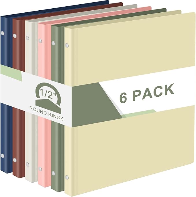 Fulmoon 6 Pack 0.5 Inch Plastic 3 Ring Binders with Pockets, Morandi Colors | Flexible Covers with Round Rings and Front Pockets for Organizing Papers at School, Office, Meetings and Presentations