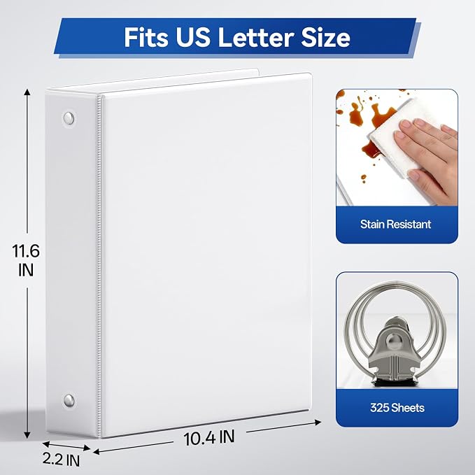 GNL 1.5 Inch 3 Ring Binders Economy 10 Packs White, 1 1/2" Three Ring (Fits 325 Sheets of 8.5x11 Paper) Clear View PVC-Free & Non-Stick for School or Office Supplies