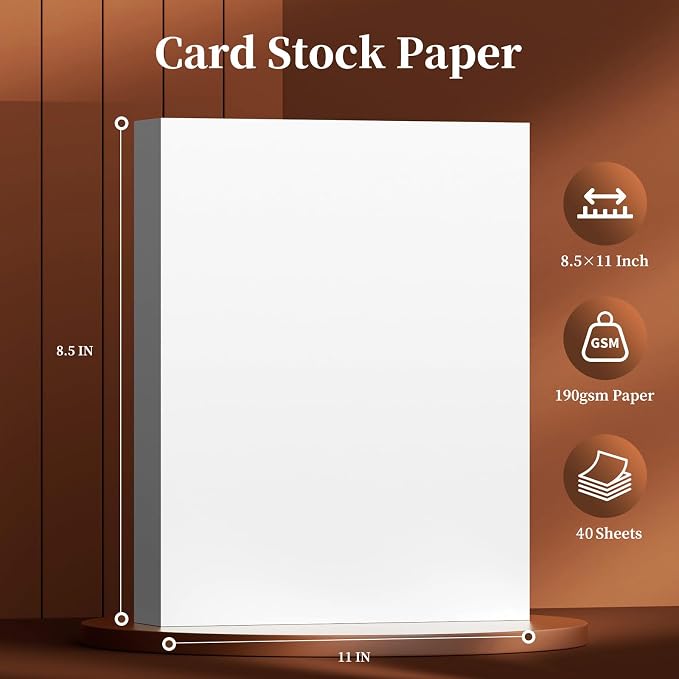 40 Sheets of Cardstock 8.5 x 11, Heavyweight Cover Cardstock Printer Paper 8.5 x 11, 190 gsm Bright White Card Stock Paper for DIY, Professional Printing, Wedding Invitations, Office Cards & Crafts